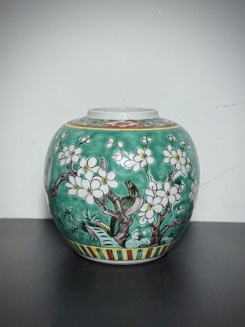古玩陶瓷清光緒·松石綠釉五彩“喜鵲登梅圖”花鳥紋罐拍賣,當前價格2280元