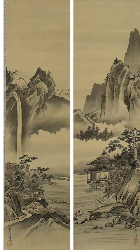 古玩字畫山水雙屏真品鑒賞圖