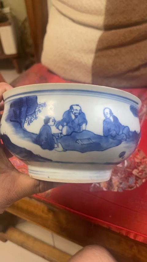 古玩陶瓷人物紋青花缽式香爐真品鑒賞圖