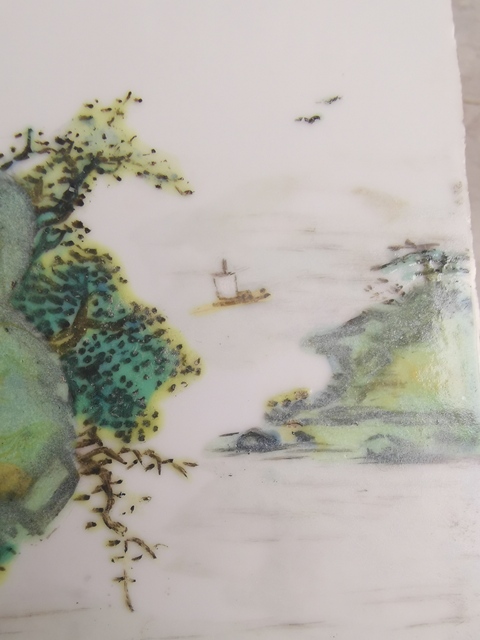 古玩陶瓷粉彩山水紋瓷板真品鑒賞圖
