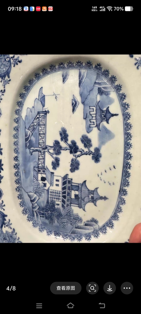 古玩陶瓷樓臺亭閣山水紋青花盤真品鑒賞圖