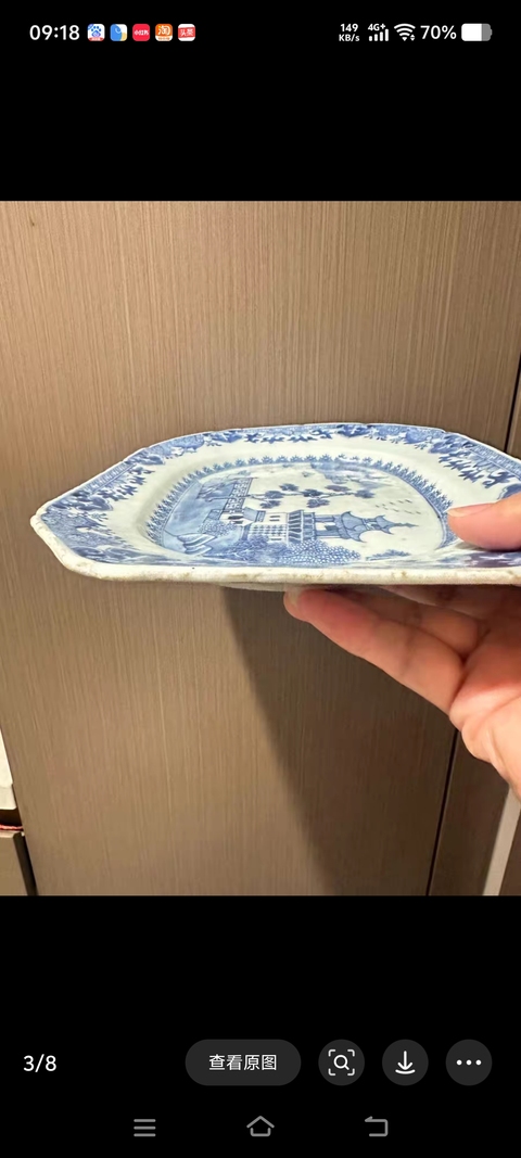 古玩陶瓷樓臺亭閣山水紋青花盤真品鑒賞圖