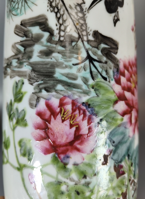古玩陶瓷粉彩松鶴延年圖帽筒真品鑒賞圖