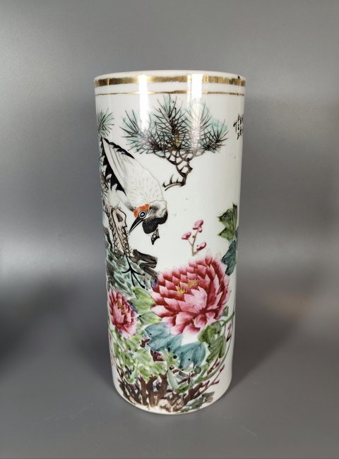 古玩陶瓷粉彩松鶴延年圖帽筒真品鑒賞圖