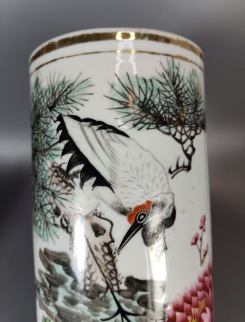 古玩陶瓷粉彩松鶴延年圖帽筒真品鑒賞圖