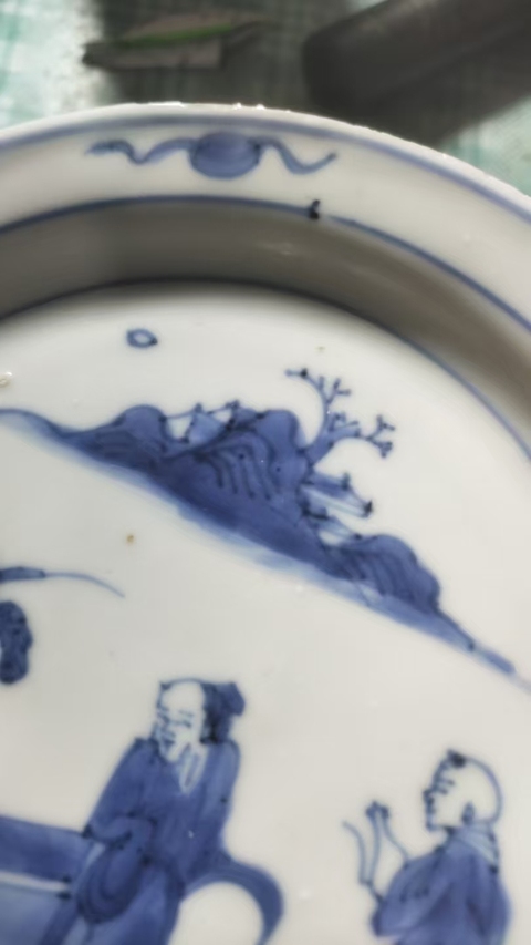 古玩陶瓷日本江戶青花山水人物折沿盤真品鑒賞圖
