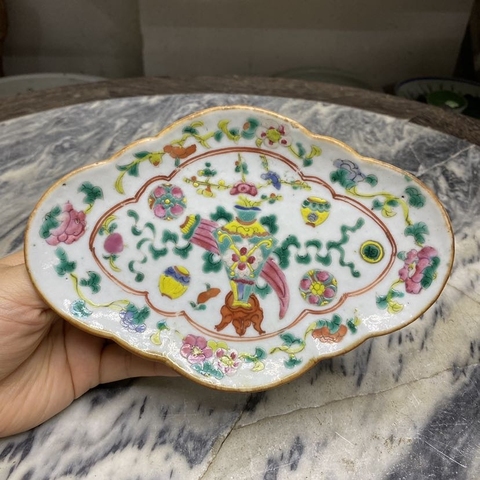 古玩陶瓷粉彩花卉海棠貢盤真品鑒賞圖