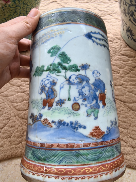古玩陶瓷明崇禎青花五彩嬰戲經(jīng)筒拍賣,當(dāng)前價(jià)格39999元