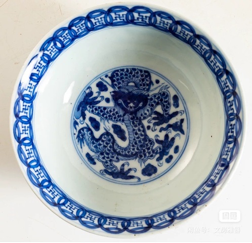 古玩陶瓷 正面龍紋八蠻進寶青花碗真品鑒賞圖