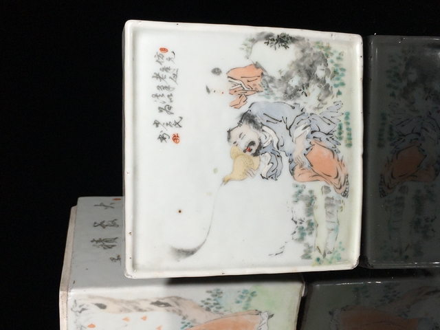 古玩陶瓷淺絳彩四方人物蓋盒真品鑒賞圖