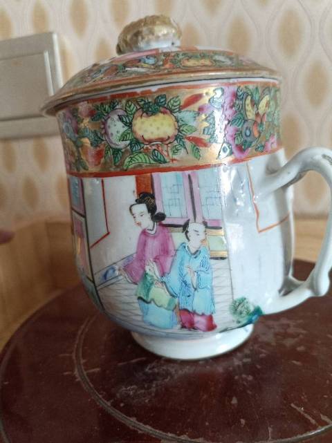 古玩陶瓷人物花繪雙耳搪缸真品鑒賞圖