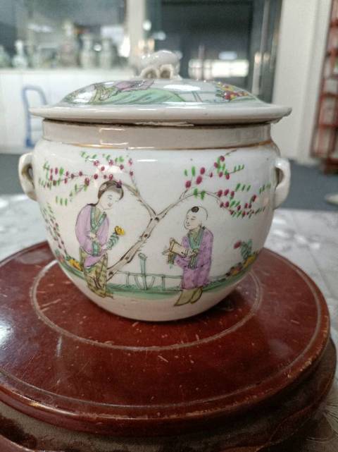 古玩陶瓷三娘教子粉彩粥罐拍賣，當前價格1588元