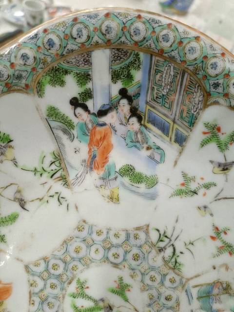 古玩陶瓷綠廣彩人物海棠盤拍賣,當前價格1888元
