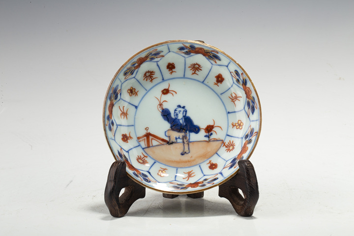 古玩陶瓷清康熙·青花礬紅開窗花卉嬰戲紋杯碟拍賣，當前價格2068元