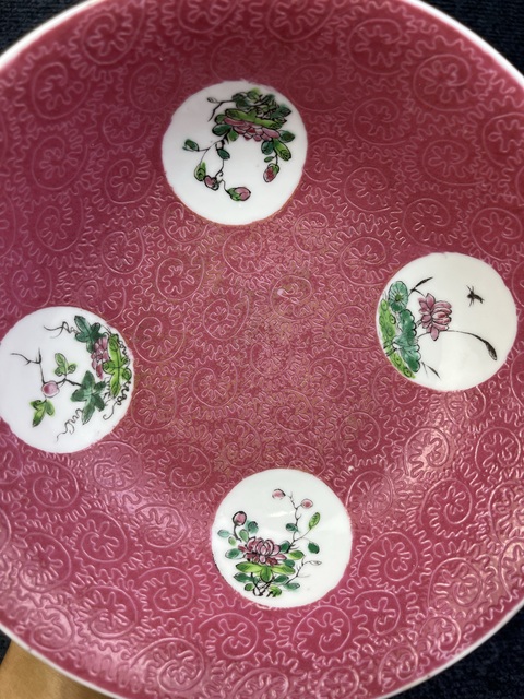 古玩陶瓷胭脂紅匝道粉彩開窗四季花卉紋大碗拍賣，當前價格1388元