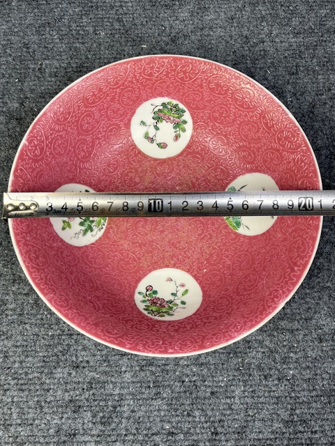 古玩陶瓷胭脂紅匝道粉彩開窗四季花卉紋大碗拍賣，當前價格1388元