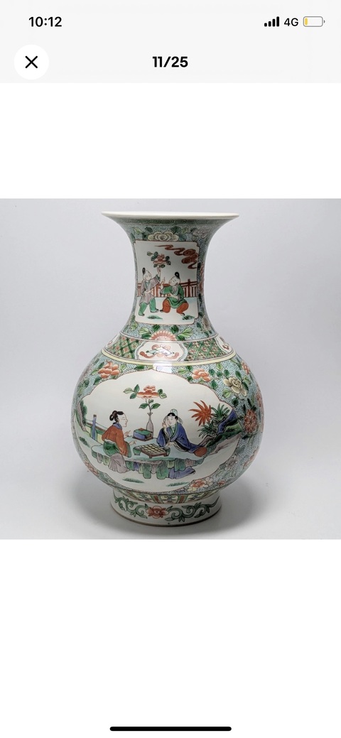 古玩陶瓷五彩花卉開窗人物玉壺春瓶真品鑒賞圖