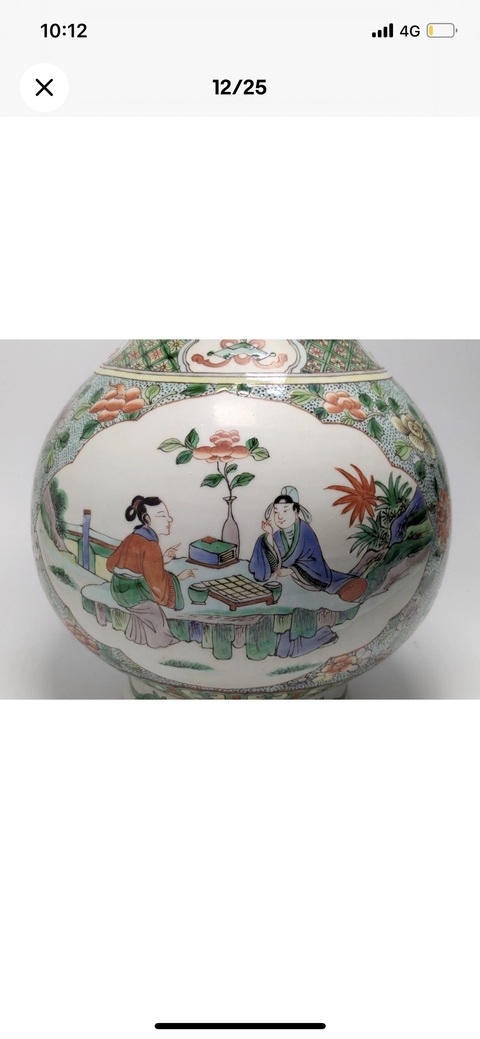 古玩陶瓷五彩花卉開窗人物玉壺春瓶真品鑒賞圖