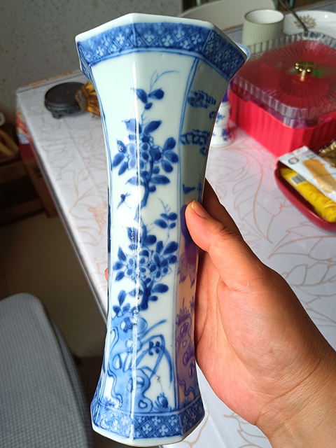 古玩陶瓷青花人物侍女嬰戲紋八方花孤真品鑒賞圖