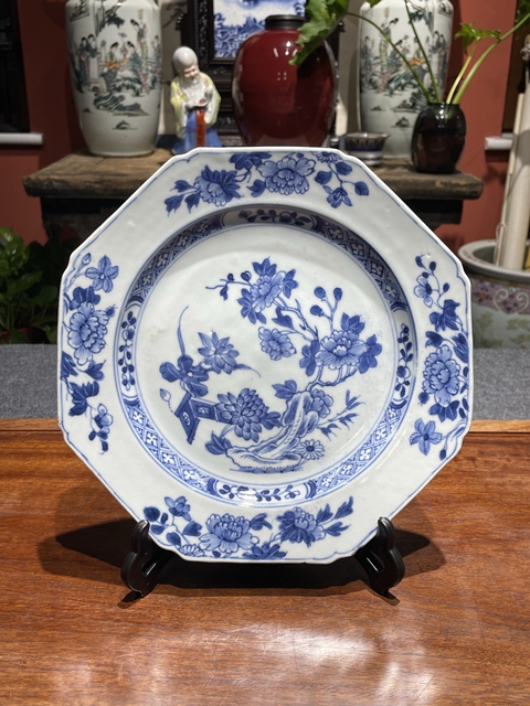 古玩陶瓷青花洞石花卉紋八方盤拍賣，當前價格868元