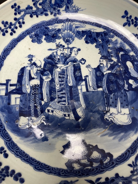 古玩陶瓷三星高照?qǐng)D青花盤真品鑒賞圖
