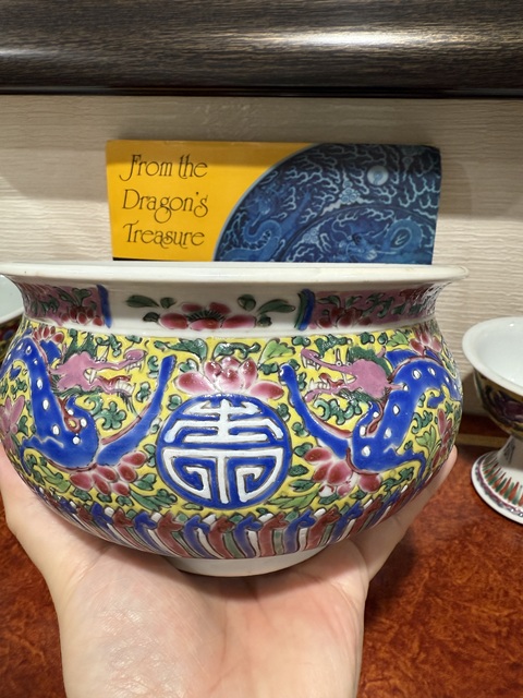 古玩陶瓷花間壽字龍紋粉彩圈足缽式香爐真品鑒賞圖