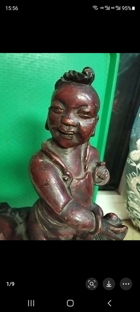 古玩雜項祥獅童子木雕真品鑒賞圖
