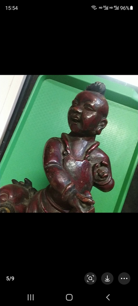 古玩雜項祥獅童子木雕真品鑒賞圖