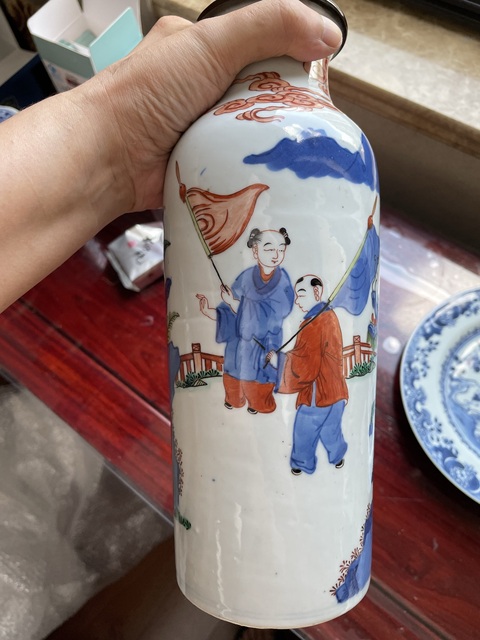 古玩陶瓷清晚·青花五彩麒麟送子紋筒瓶 真品鑒賞圖