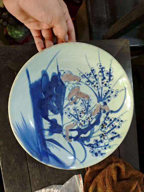古玩陶瓷青花釉里紅喜上眉梢盤真品鑒賞圖