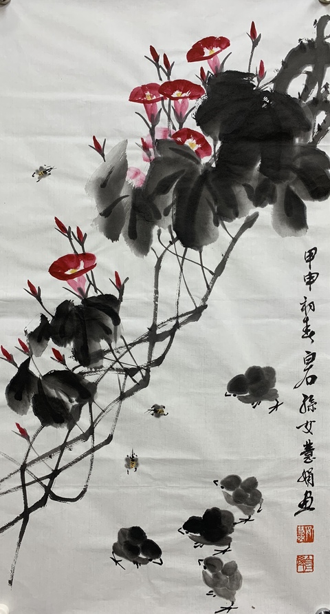 古玩字畫白石孫女齊慧娟 喇叭花小雞圖拍賣，當前價格406元