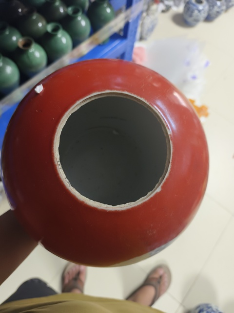 古玩陶瓷珊瑚紅留白仙鶴西瓜罐真品鑒賞圖