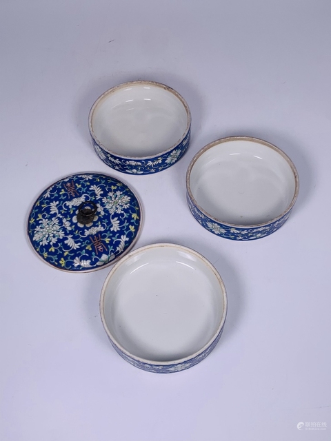 古玩陶瓷藍底粉彩花卉紋節盒真品鑒賞圖