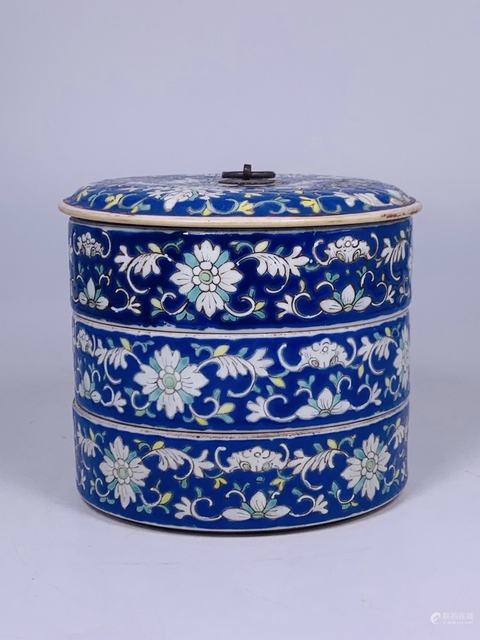 古玩陶瓷藍底粉彩花卉紋節盒真品鑒賞圖
