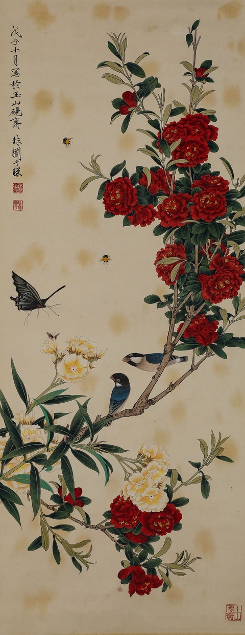 古玩字畫于非闇工筆花鳥立軸真品鑒賞圖