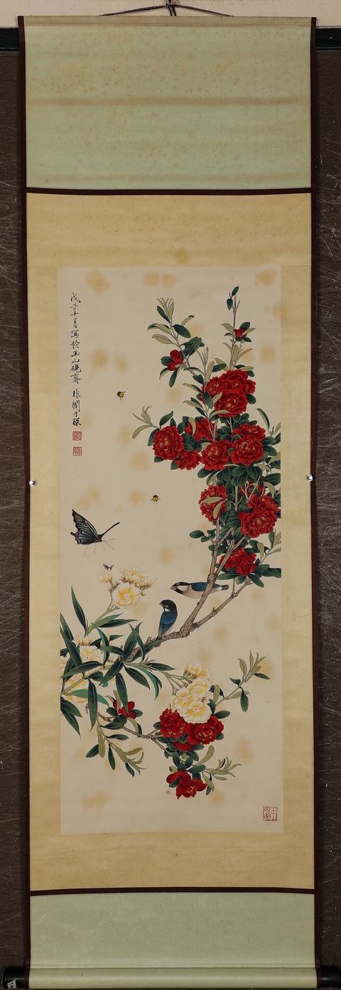古玩字畫于非闇工筆花鳥立軸真品鑒賞圖