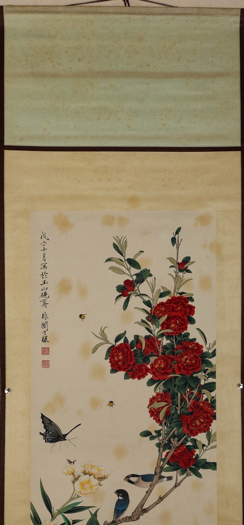 古玩字畫于非闇工筆花鳥立軸真品鑒賞圖