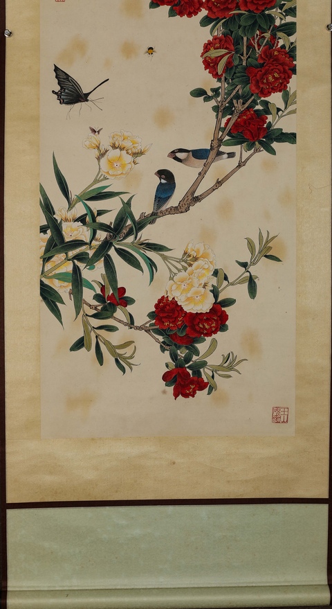 古玩字畫于非闇工筆花鳥立軸真品鑒賞圖