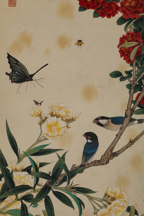古玩字畫于非闇工筆花鳥立軸真品鑒賞圖