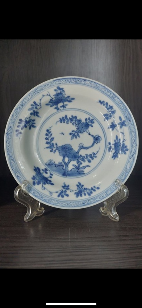 古玩陶瓷外紫金釉內青花花卉紋盤真品鑒賞圖
