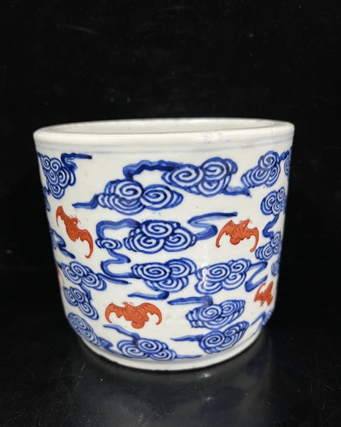 古玩陶瓷民國 青花青云紅福齊天花盆真品鑒賞圖