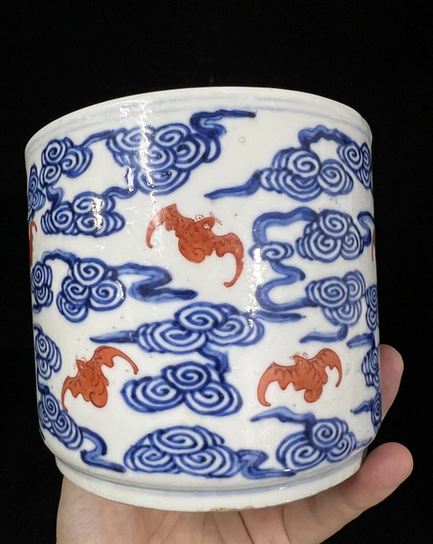 古玩陶瓷民國 青花青云紅福齊天花盆真品鑒賞圖
