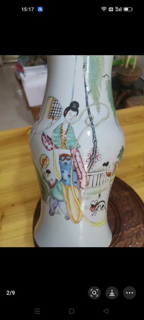 古玩陶瓷三娘教子圖新粉彩花觚真品鑒賞圖