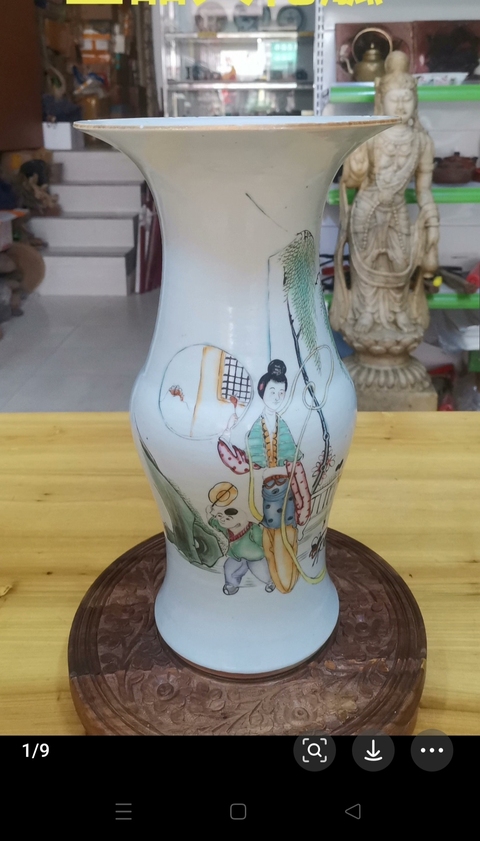 古玩陶瓷三娘教子圖新粉彩花觚真品鑒賞圖