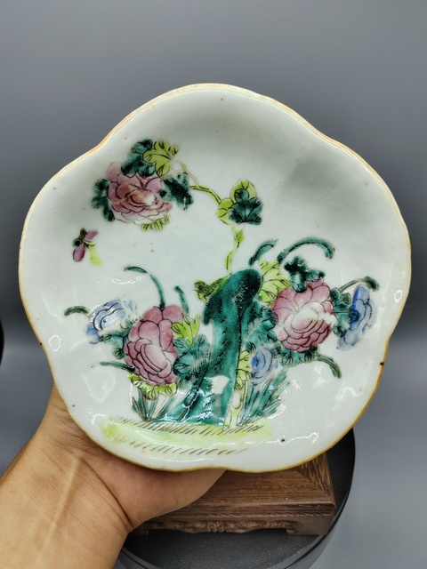 古玩陶瓷晚清洞石花鳥供盤真品鑒賞圖