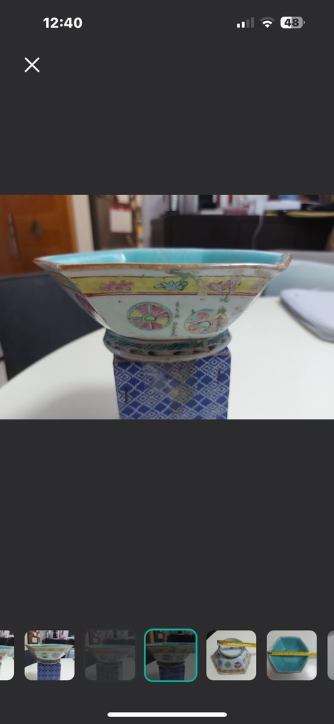 古玩陶瓷同治粉彩皮球花六方碗真品鑒賞圖