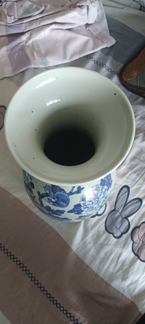 古玩陶瓷花鳥紋豆青釉青花雙對獅耳盤口瓶真品鑒賞圖