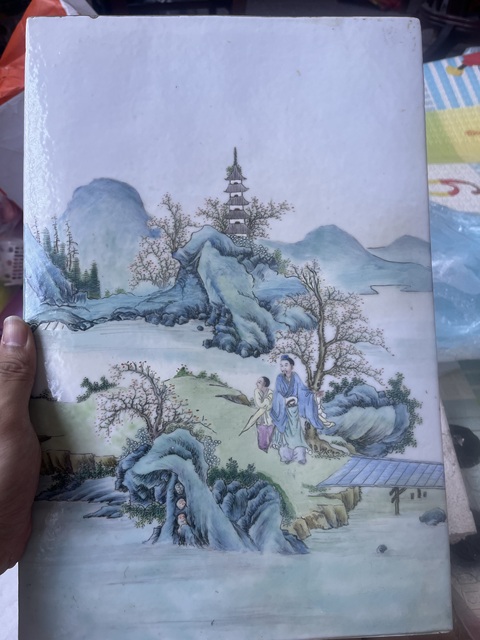 古玩陶瓷粉彩山水人物瓷板真品鑒賞圖