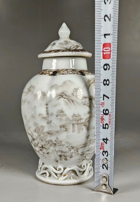 古玩陶瓷墨彩山水人物瓜楞罐真品鑒賞圖