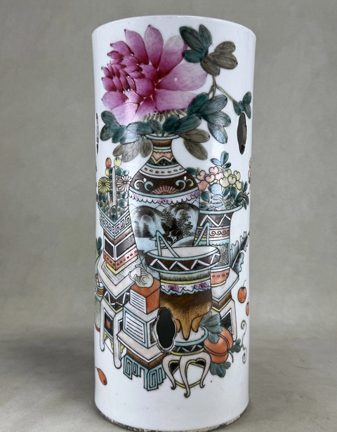 古玩陶瓷淺絳彩博古圖帽筒真品鑒賞圖